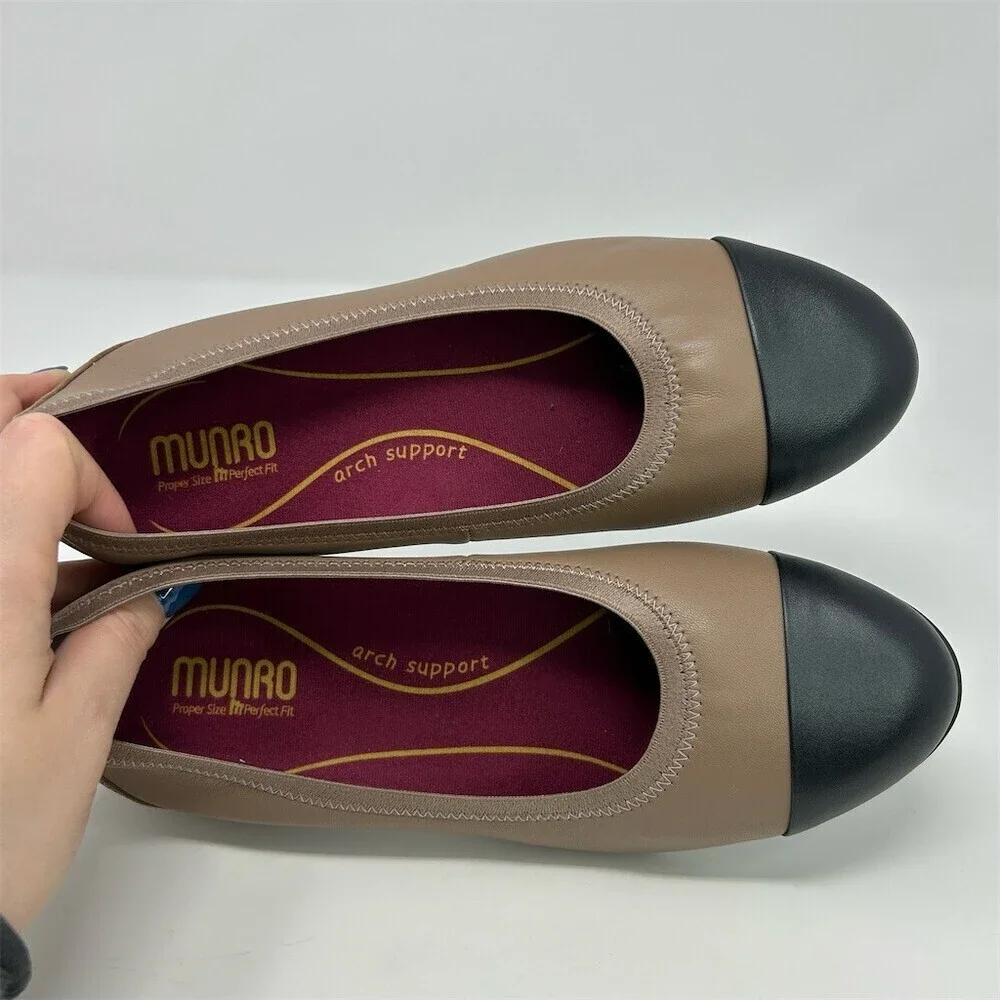 Munro Womens Cap Toe Ballet Flats Beige Black Arch Support Slip-On Size 8 WW